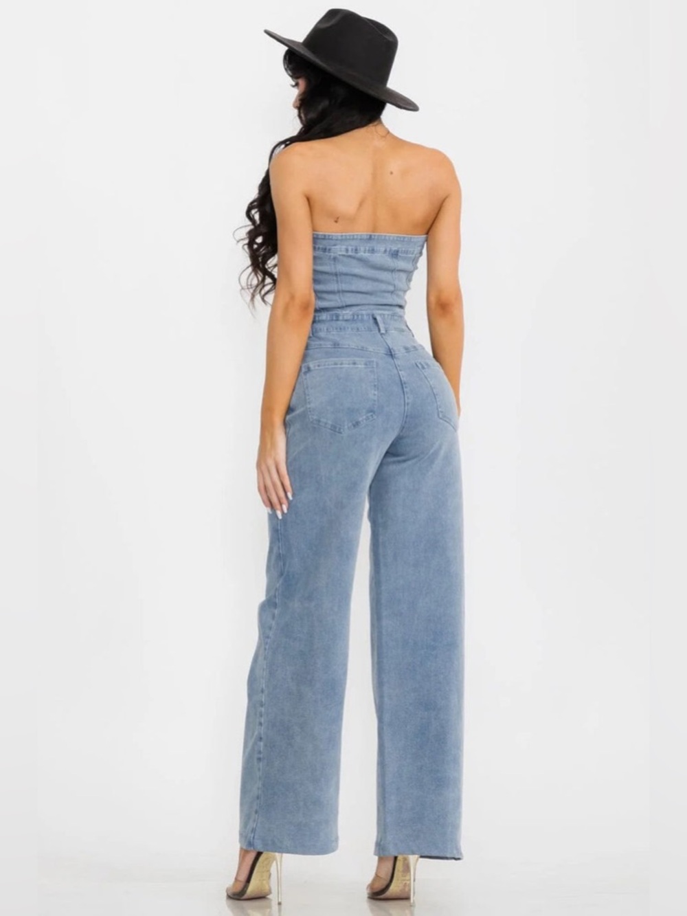 RODEO REBEL STRAPLESS STRETCH WIDE LEG POCKET DENIM JUMPSUIT - Picture 2 of 9